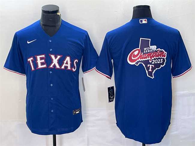 Men%27s Texas Rangers Royal 2023 World Series Champions Big Logo Cool Base Stitched Baseball Jersey